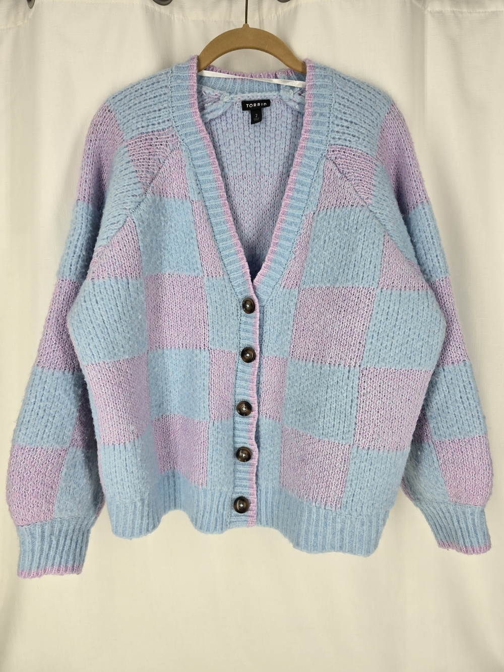 TORRID Pastel Blue & Lavender Checkered Button-Front Sweater